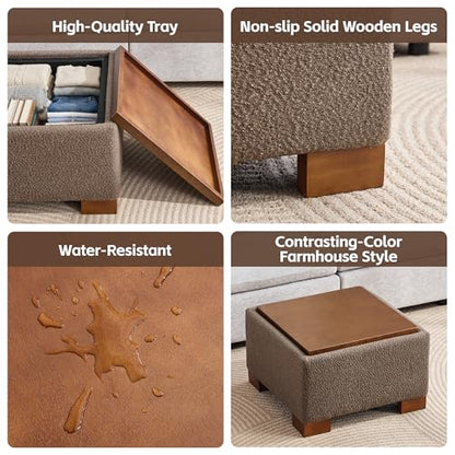 WUTUTUEE 24" Square Ottoman Coffee Table with Storage, Boucle Ottomans with Tray and Solid Wood Legs for Living Room, Bedroom and Apartments, Small Modern Ottoman Tea Table with Lift-Off Lid, Brown - color: 24'' Brown Boucle