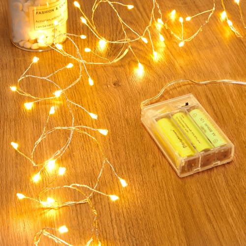 Minetom Fairy Lights Battery Operated, Twinkle String Waterproof Silver Wire 5 Feet 60 Led Firecracker Starry for DIY Wreath Home Wedding Party Bedroom Mason Jar Holiday Christmas, Warm White - color: Warm White