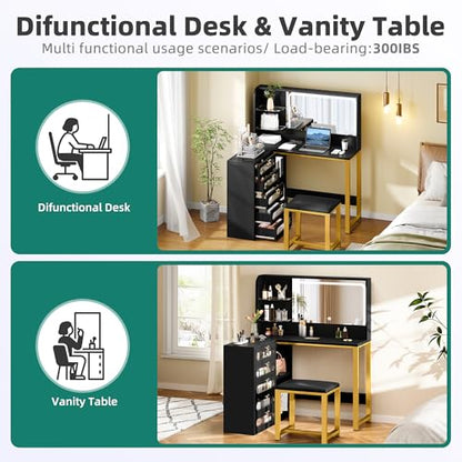 YITAHOME 48" Vanity Desk Set | Makeup Vanity with Mirror and Lights, 3 Lighting Modes - color: Ebony Black