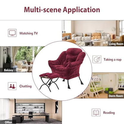 Youtanic Lazy Chair with Folding Ottoman, Accent Chair Plush Upholstered with Metal Structure and Non-Slip Pads, Sofa Armchair with Footrest and Side Storage Bag for Dorm, Room, Office, Rose Red - color: Plush Rose Red