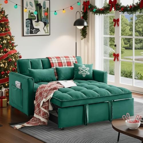 3 In 1 Velvet Convertible Sofa Bed, Pull Out Couch Bed with Reclining Backrest And 2 Pillows, 54" Full Size Loveseat Sleeper Sofa Futon Couch Bed, Couches For Small Spaces, Living Room (Green) - color: Green