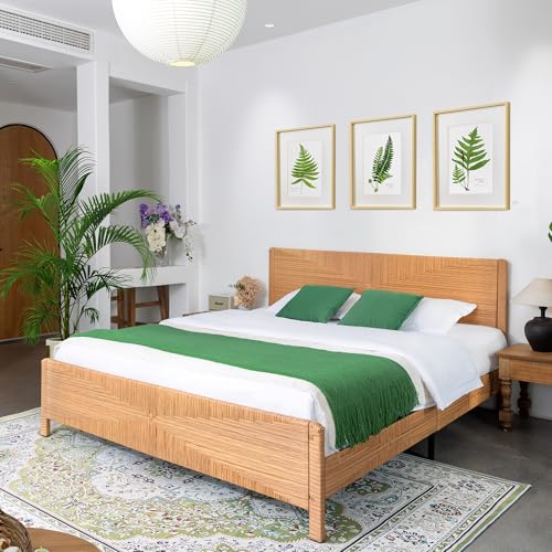 Hand-Woven PE Rattan King Bed Frame with Headboard and Footboard, Boho Mid Century Modern Bedframe with Vintage Pattern, Wicker Bed with Metal Frame and Slats, No Box Spring Needed, 1000lbs