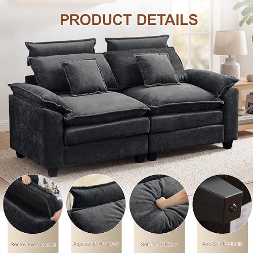72'' Cloud Deep Seat Loveseat, Modular 2 Seater Sectional Couch with Detachable Headrest, Modern Love Seat Sofas for Living Room, Apartment, Dark Grey - color: Dark Grey, size: Loveseat