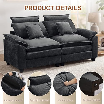 72'' Cloud Deep Seat Loveseat, Modular 2 Seater Sectional Couch with Detachable Headrest, Modern Love Seat Sofas for Living Room, Apartment, Dark Grey - color: Dark Grey, size: Loveseat