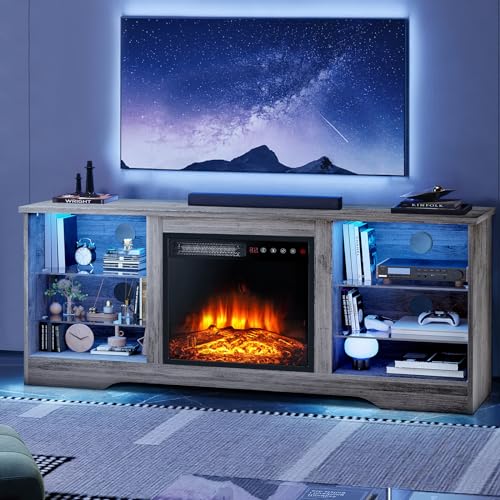 58" Fireplace TV Stand for TVs up to 65", Gray | 18" electric fireplace, modern LED entertainment center, wood storage cabinet with shelves for living room - color: Grey, size: 58"