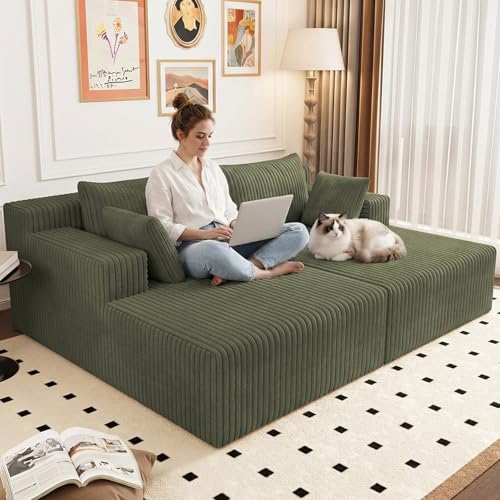 70.8" Oversized Boneless Double Chaise Lounge Chair Indoor, Upholstered Corduroy Cloud Chaise Lounges with 4 Pillows, Modern Deep Seat Loveseat Sleeper Sofa for Living Room Bedroom Apartment, Green - color: 70.8" Green