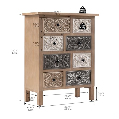COSIEST Vintage Accent Cabinet with 8 Hand-Carved Drawers, Boho Rustic Wood Storage Chest, Fully Assembled Distressed Apothecary Console for Entryway, Living Room & Bedroom - size: 12.6"D x 25.7"W x 32"H (8 Drawers)