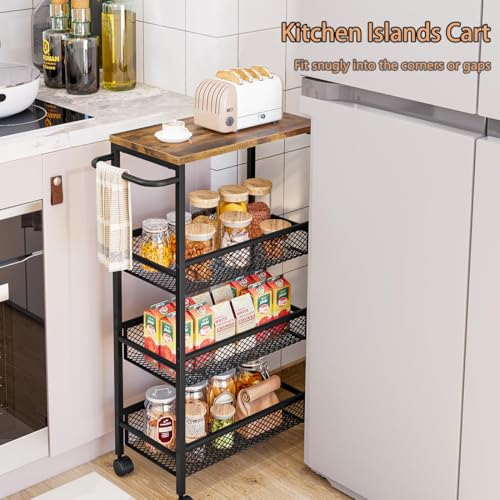 Slim Rolling Cart 4 Tier Narrow Storage Cart on Wheels with Handle | Lockable Wheels, Wood Top Panel, Metal Frame Utility Carts for Kitchen, Dining, Living, Home Office, Laundry Room - size: 16.38 x 9.06 x 30.31 inch