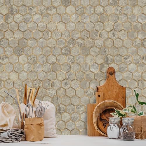 STICKGOO Hexagon Peel and Stick Backsplash Tile, Stick on Backsplash for Kitchen and Bathroom, Stone Beige PVC Mixed Metal Gold Self Adhesive Wall Tiles(10 Sheets, Seamless) - color: Stone Beige with Metal Gold