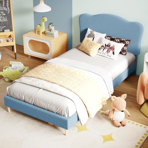 Garvee Upholstered Twin Size Bed Frame for Kids with Scallop Headboard, Cute Velvet Twin Bed for Girls, Boys, Sturdy Platform Bed, No Box Spring Needed, Wooden Slats, Noise Free, Blue - color: Blue, size: Twin
