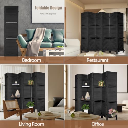 6 Panel Room Divider with Shelves | Freestanding Wooden Louvered Privacy Screen, Built‑in Display Shelves, Foldable Hinges, Black - color: Black-6 Panel, size: 6 Panel
