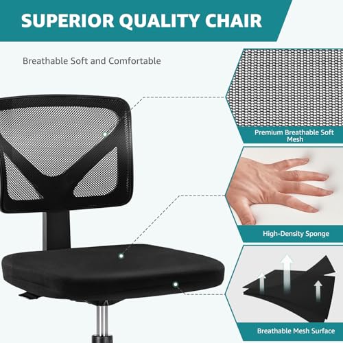 OLIXIS Armless Home Office Chair, Ergonomic Small Desk Chair | Mesh Back, Removable Washable Foam Cushion, Height Adjustable, Rolling Swivel Wheels, Small Space, Black - color: Black