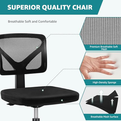 OLIXIS Armless Home Office Chair, Ergonomic Small Desk Chair | Mesh Back, Removable Washable Foam Cushion, Height Adjustable, Rolling Swivel Wheels, Small Space, Black - color: Black