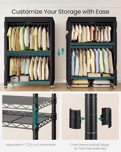SONGMICS Clothing Rack, Heavy-Duty Garment Rack, Adjustable Storage Shelves | Freestanding Portable Wardrobe Closet, Hanging Rails, Black, DALTEN Collection ULGR415B01 - size: 43.3"W x 78.3"H, style: With Fabric Cover