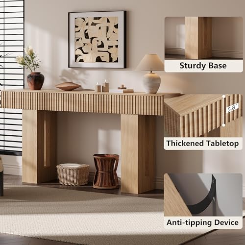 63-Inch Long Entryway Console Table with a Fluted Design, Thick Wood Farmhouse Sofa Table Behind Couch, Narrow Hallway Accent Table for Living Room, Foyer, Entrance, Natural Oak - color: Natural Oak, size: 63 Inch