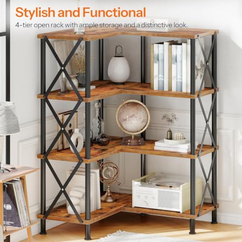 4 Tier L-Shaped Corner Bookshelf Rustic Brown Particleboard Matte Black Metal Frame Freestanding Open Display Storage Rack 23.6 x 23.6 x 45.5 Inch for Living Room Home Office
