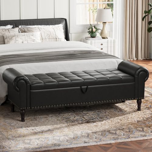 YOUDENOVA 60” Ottoman with Storage, Upholstered Storage Ottoman Bench with Rolled Arms, PU Leather Storage Bench for Bedroom, Living Room, Entryway, Black - color: Black, size: 60 Inches