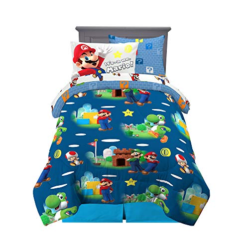 Super Mario Kids Bedding Set, Twin Size 5 Piece Comforter and Sheet Set with Sham, (Officially Licensed Product) by Franco - color: Mario, size: Twin
