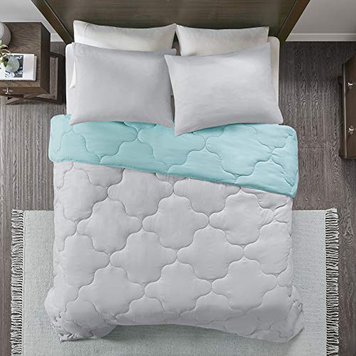 Comfort Spaces Vixie Reversible Comforter Set - Trendy Casual Geometric Quilted Cover, All Season Down Alternative Cozy Bedding, Matching Sham, Aqua/Gray, Twin/Twin XL 2 piece | Down Alternative, All Season, Bedding for Bedroom, Geometric Pattern, Reversi