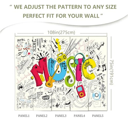Music Graffiti Wallpaper Fan Guitar Drums Large Wall Mural | 108"x75", for Bedroom Living Room Bathroom, Textured Fabric, Not Peel and Stick - color: Mural 07, size: 108" x 75"