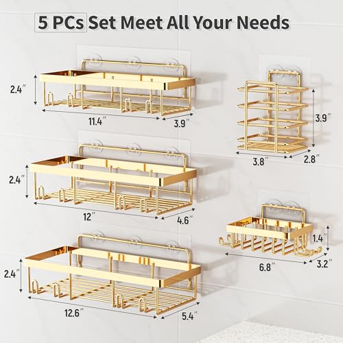 Liuoud 5 Pack Shower Caddy for Inside Shower, Gold Bathroom Storage Decor | Large Rustproof Stainless Steel Organizer with Strong Adhesive, No Drilling Wall Mounted Shelves, Bathroom Accessory Set - color: Gold, size: Large