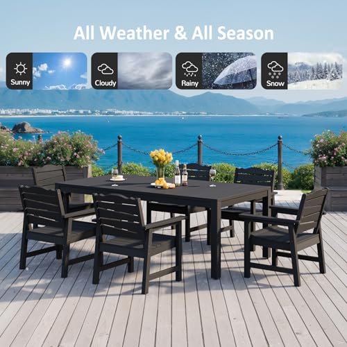 7-Piece Patio Dining Set, 63" Outdoor Dining Rectangle Table w/Aluminum Frame and 6 Chairs, Weatherproof HIPS Dining Furniture with Umbrella Hole, for Backyard Garden Deck Poolside, Black - size: 7pcs set