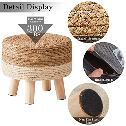 Cpintltr Foot Stool Natural Seagrass Hand Weave Poufs Round Ottoman for Couch Desk Soft Step Stool Padded Foot Rest with Non-Skid Pine Legs for Hallway Office Lounge Natural/White - color: White