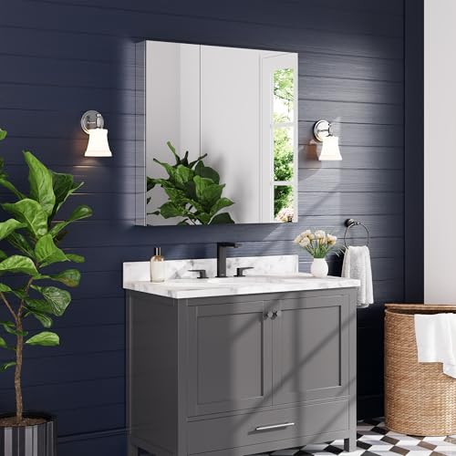 36"x36" Medicine Cabinet with Mirror & Soft Close Hinges, Surface Mount or Recessed Medicine Cabinet with Adjustable Shelves, Bathroom Wall Medicine Cabinet with Storage, Aluminum Alloy Frame, Combo - size: 36" x 36"