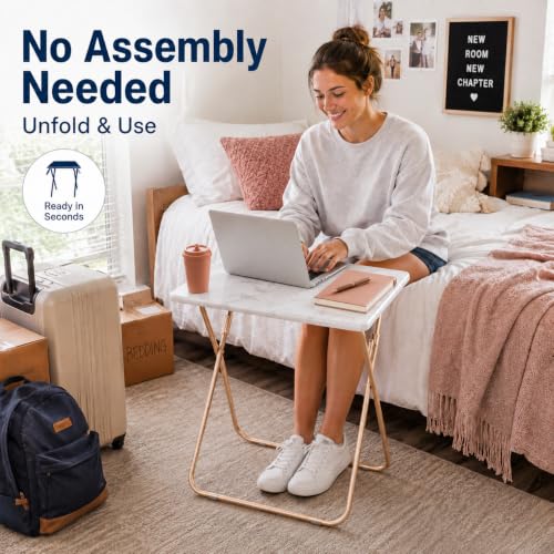 Japard Folding Couch Table Heavy Duty Metal Frame 660lbs, Portable Laptop Desk for Small Spaces, Sofa Side Table for Eating, No Assembly Required (1-Pack, Marble White) - color: White Marble - 1 Pack
