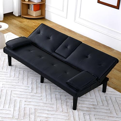 67" Futon Sofa Bed, Convertible Leather Futon Couch (Black) | Sleeper Bed Couches with Adjustable Backrest, Cup Holders, Comfy Folding Loveseat Couch for Small Spaces Living Room Office - color: Black