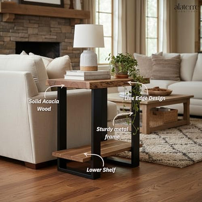 Alaterre Furniture Alpine 2-Tier End Table with Storage Shelf, 27”x17”x27” | Solid Acacia Wood Side Table with Live Edge Design and Metal Frame, Modern Nightstand or Accent Table for Living Room - size: 27"W 2-Tier