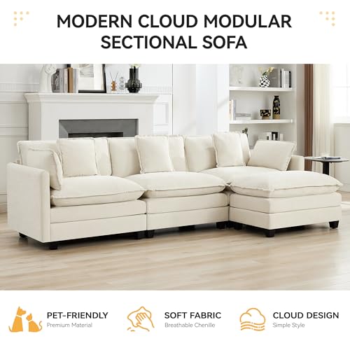 111'' Sectional Cloud Deep Seat Couch, Modern Comfy Chenille L Shaped Sectional Sofa for Living Room Set, Upholstered Modular 4-Seats Sofa Couch with Movable Ottoman, Beige - color: Beige, size: 111'' L Shape