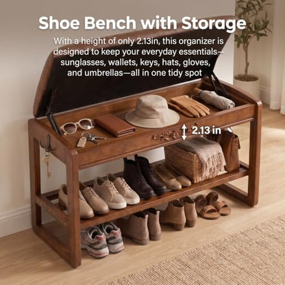 Shoe Storage Bench Shoe Rack Bench with Storage 2 Tier Wooden Shoe Rack | Solid wood shoe bench flip-top storage cushioned seat weight capacity of 550 lb side hooks walnut finish 39.4" W - size: 39.4"