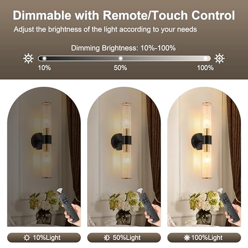Black Gold Battery Operated Wall Sconces Set of 2, Rechargeable Wall Lights with Dimmable Remote Control, 20“ Modern Sconces Wall Decor, Wireless Wall Lamp for Bedroom, Living Room (Bulbs Included) - color: Black Gold