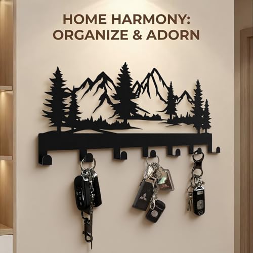 Key Holder Wall Mounted Key Hooks, Black Metal Key Rack Hooks, The Great Grove, Mountain Theme Wall Decoration Hooks, with 7 Hooks, Applicable to Front Doors, Lobby,Corridor, Offices (12 ")