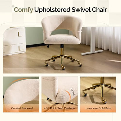 VINGLI Modern Curved Office & Vanity Desk Chair, Cute Upholstered Nail Chair with Wheels & 360° Swivel & Club & Tilting & Gold Base, for Living Room,Bedroom,Makeup, Velvet Chenille, Beige - color: Beige