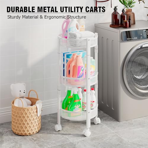 No Assemble 3 Tier Rolling Storage cart, Folding Utility cart with 2 Lockable Wheels, Multifunction Storage Organizer, Perfect for Bathroom, Kitchen, Snack, Craft (White)