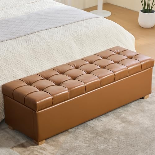 60.2" Storage Ottoman Bench for Bedroom Bed End,Brown PU Leather Bench with Seating,Button Tufted Ottomans with Storage for Living Room,Bedside,Entryway (New PU Brown, 60.2") - color: New Pu Brown, size: 60.2"