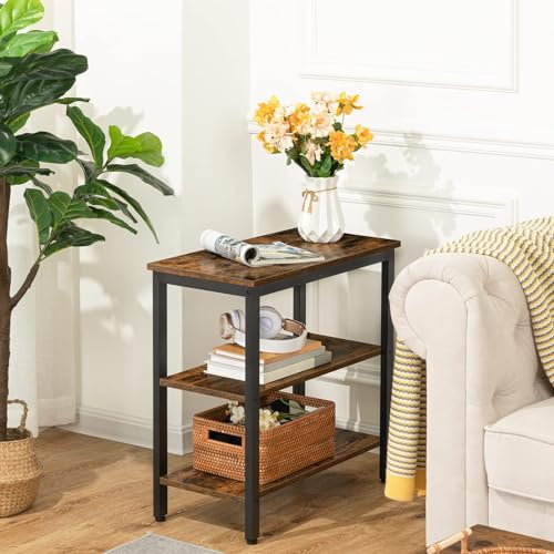 HOOBRO End Table, Simple Rustic Side Table with 3-Tier Storage Shelf, Narrow Nightstand for Small Spaces, for Living Room, Bedroom,Easy Assembly, Industrial Design, Rustic Brown and Black BF14BZ01 - color: Rustic Brown + Black