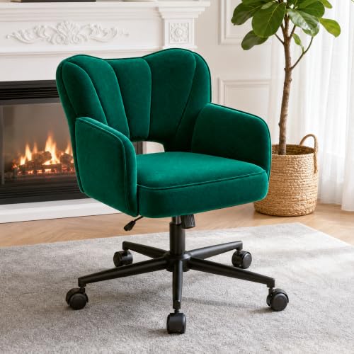 DurayLoly Desk Chair with Shell Back & 360° Swivel Wheels | Comfy Velet Vanity Chair,Adjustable Height,Stylish and Comfortable for Makeup, Work & Relaxation,Dark Green - color: Dark Green