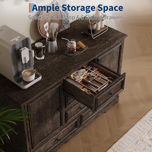 GarveeHome 47" Farmhouse Sideboard Buffet Cabinet, Sideboard Storage credenza with 5 Drawers and 2 Doors, Wood Coffee Bar Cabinet, Buffet Table for Dining Room Living Room, Brown - color: Brown