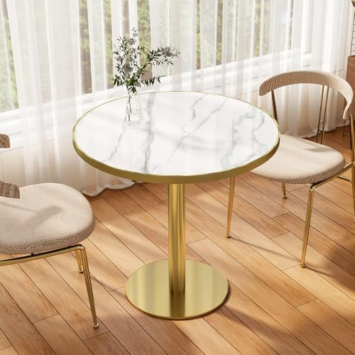 31.5" Circle Tulip Table with Sintered Stone Tabletop, Gold Edge & Pedestal | Modern Round Dining Table, Leisure Bistro Table for Kitchen, Small Places, Living Room, Cafe, Restaurant (Snow Peak Marble) - color: Snow Peak Marble (Golden Edge), size: Round