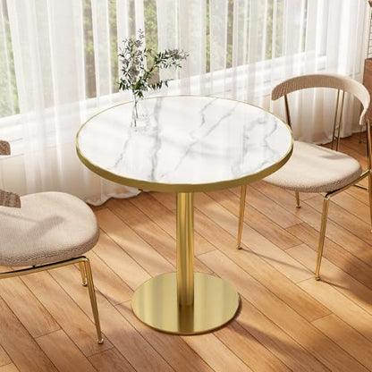 31.5" Circle Tulip Table with Sintered Stone Tabletop, Gold Edge & Pedestal | Modern Round Dining Table, Leisure Bistro Table for Kitchen, Small Places, Living Room, Cafe, Restaurant (Snow Peak Marble) - color: Snow Peak Marble (Golden Edge), size: Round
