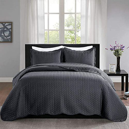 MOONLIGHT20015 Twin Quilt Set (66" x 86") with 1 Pillow Sham (20" x 26"+2") for All Season - 2 Pcs Reversible Bedding Set Lightweight Microfiber Coverlet Embossed Pattern Quilted Bedspread (Charcoal) - color: Charcoal/Dark Grey, size: Twin