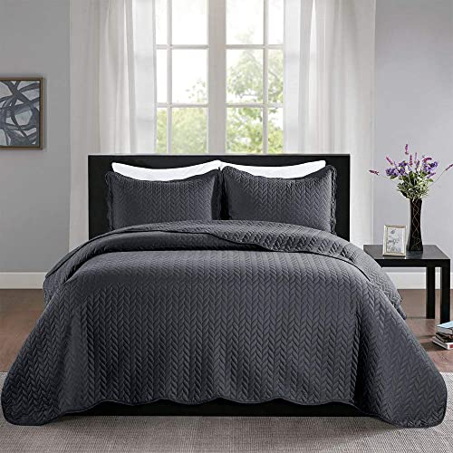 MOONLIGHT20015 Twin Quilt Set (66" x 86") with 1 Pillow Sham (20" x 26"+2") for All Season - 2 Pcs Reversible Bedding Set Lightweight Microfiber Coverlet Embossed Pattern Quilted Bedspread (Charcoal) - color: Charcoal/Dark Grey, size: Twin
