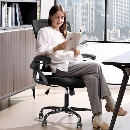 Ergonomic Office Chair,Mesh Office Chair with Lumbar Support,Mid Back Desk Chair with Flip-up Arms,400 lbs Comfy Computer Chair for Home Office (Jet Black) - color: Jet Black