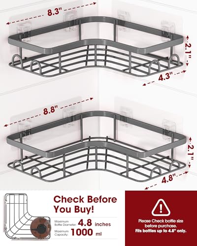 Sakugi Corner Shower Caddy - 2 Pack, Adhesive Shower Organizers, Rustproof Stainless Steel Shower Shelves with 8 Hooks, No Drilling Bathroom Organizers and Storage Racks, Space-Saving, Grey, Large - color: Grey, size: Large
