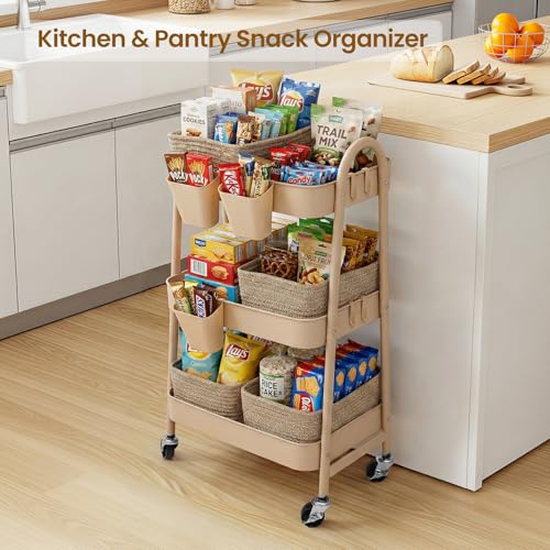 3-Tier Rolling Utility Cart with 4 Woven Baskets, Diaper Book Snack Cart, Storage Organizer for Nursery, Kitchen, Craft Room, Home SPA, Living Room, Metal Frame Trolley on Lockable Wheels, Brown - color: Brown