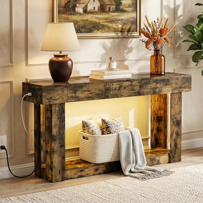 63'' Console Table with 3 Drawers and Open Storage, Entryway Table with Socket, LED Light and Hooks, Narrow Long Wood Sofa Table Behind Couch Table for Living Room, Hallway, Foyer, Brown - size: 63'' IN