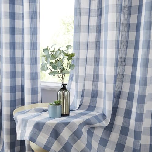 Amzdecor Buffalo Plaid Grommet Curtains 63 Inch Length, Light Filtering Check Linen Textured Curtains Drapery for Living Room Bedroom Farmhouse,2 Panels （52" x 63", Dusty Blue & White） - color: Dusty Blue/White, size: 52"W x 63"L (Pack of 2)